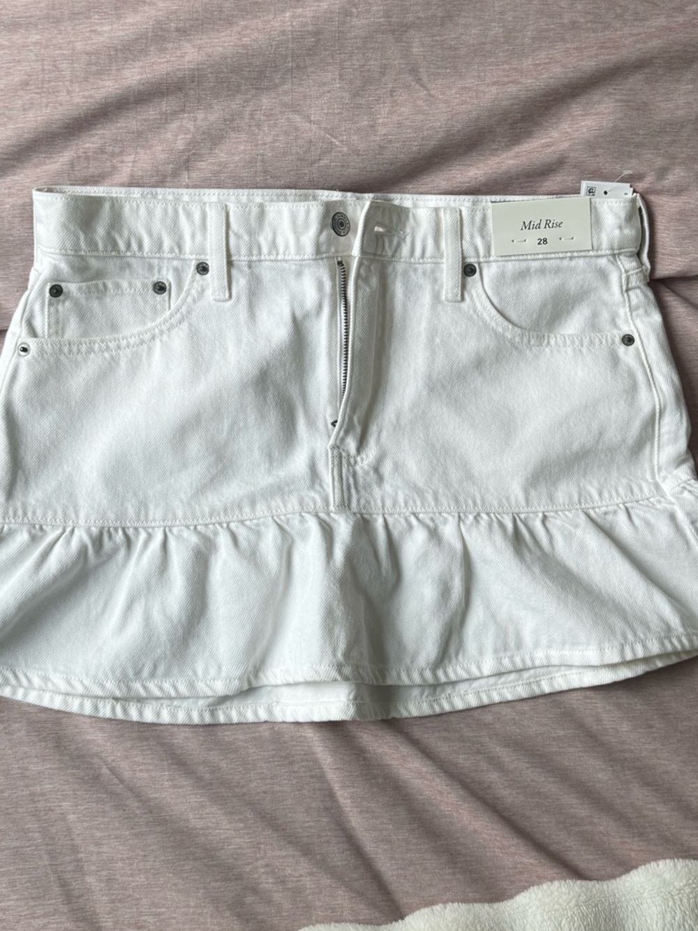 A&F Mid Rise Drop Waist Ruffle Denim Mini Skirt - Picture 2 of 5